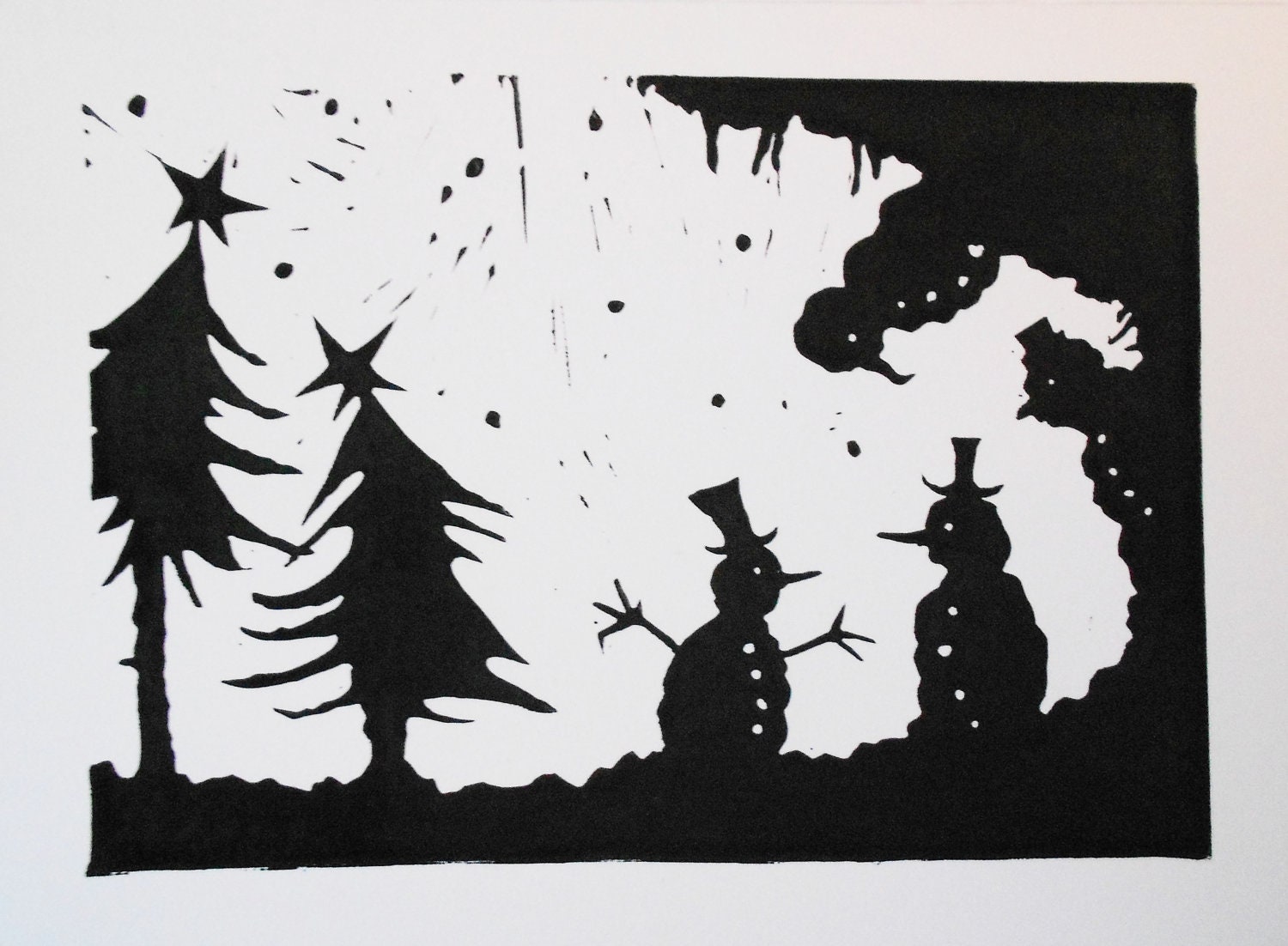 Christmas Linocut Greetings Card Silhouette Snowman and