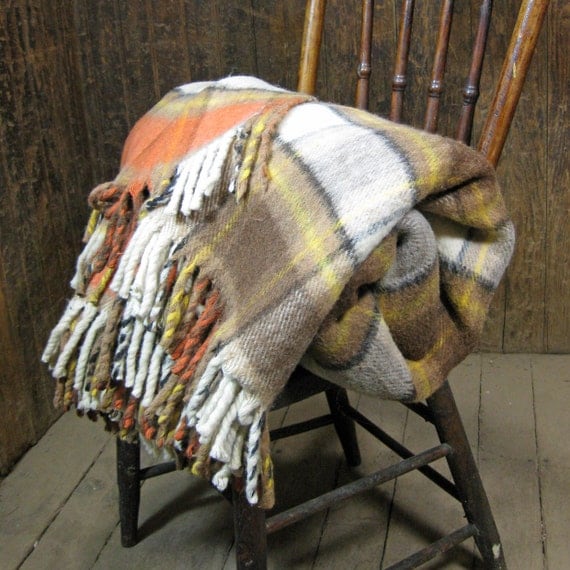 Vintage Plaid Wool Blanket In Fall Colors