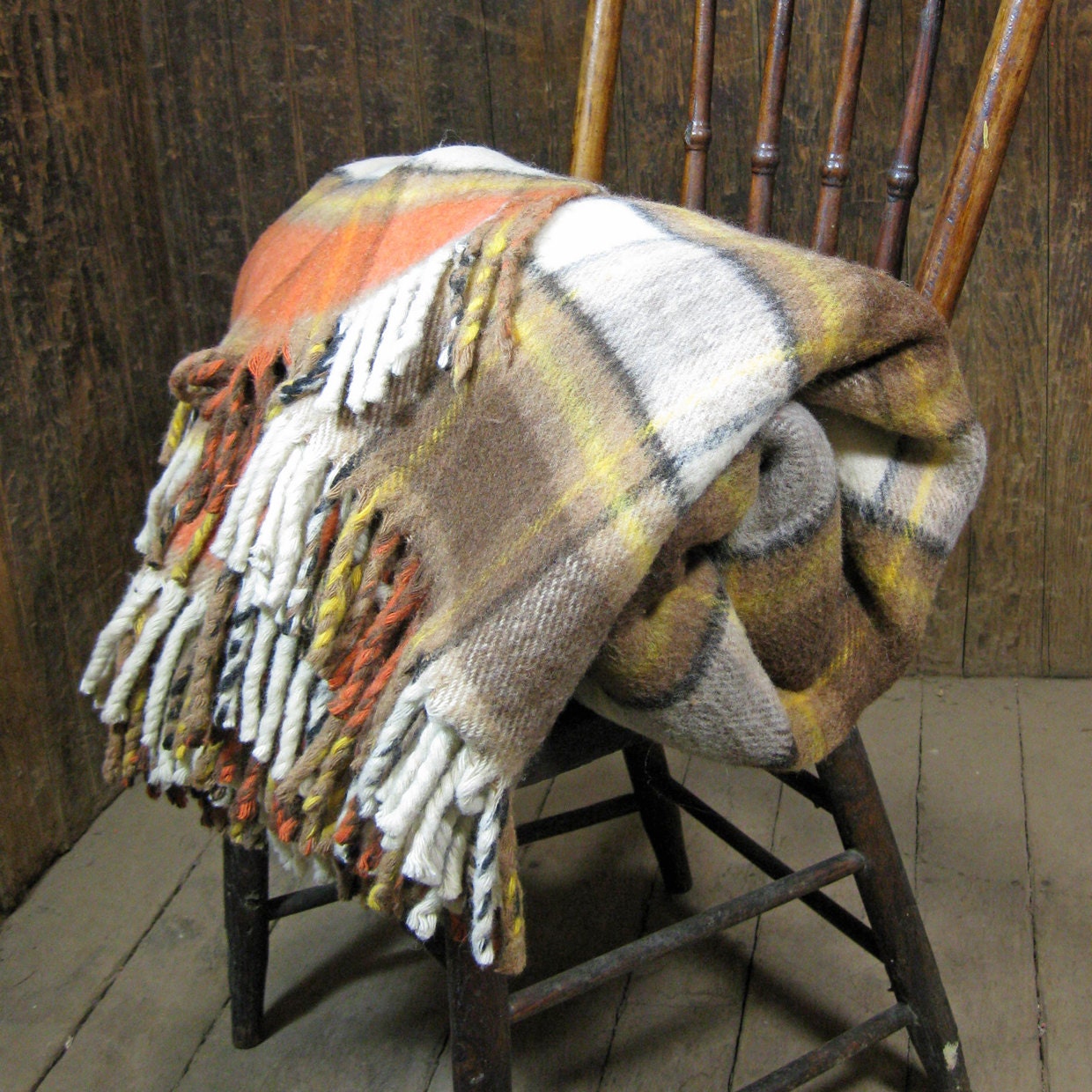 Vintage Plaid Wool Blanket in Fall Colors