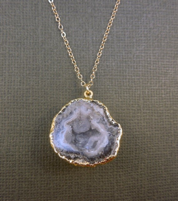Geode Half 24kk Gold Dipped Agate Necklace Drusy Crystal