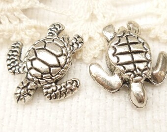 Life-like Sea Turtle Spacer Beads, 3D Antique Silver (4) - SF46