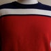 vintage 80's Turnpoint color block red white navy blue men's/unisex ski sweater, acrylic knit, men's size large, horizontal stripe