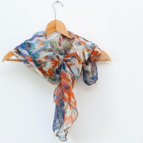 Lightweight silk scarf blue orange shawl multicolored