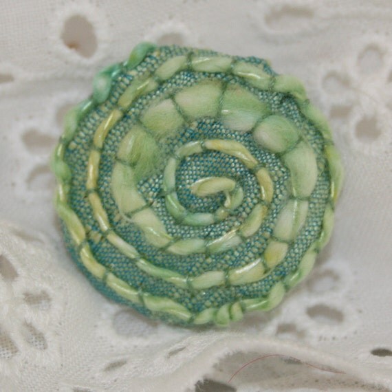 Embroidered Button Brooch  Green Spiral by Lynwoodcrafts on Etsy