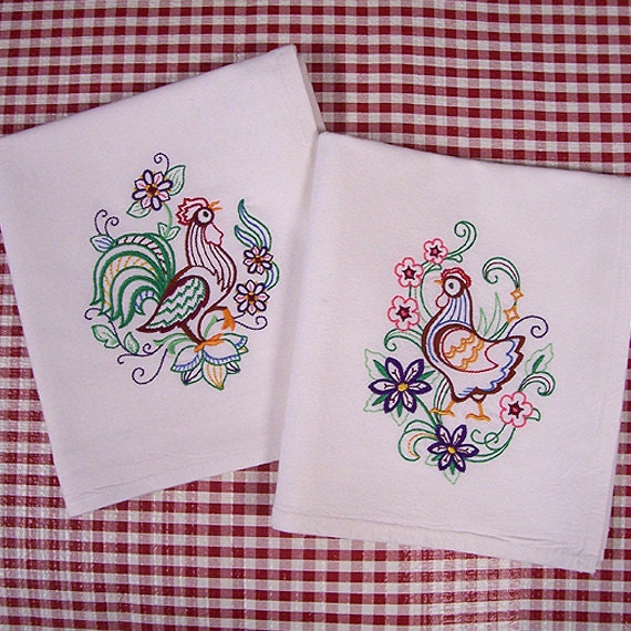 Chicken Kitchen Towels Vintage Style Machine Embroidered