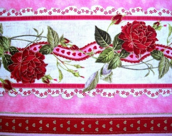 Rosebud Hearts Stripe Fabric, Fat Quarter, Multicolor / Pink / Red, 18" X 22" inches, 100% Cotton for Victorian & Romantic Projects