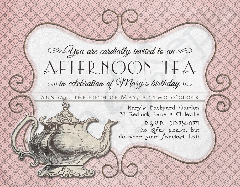 Printable Tea Party Birthday Invitation 4.25 x by CyanAndSepia