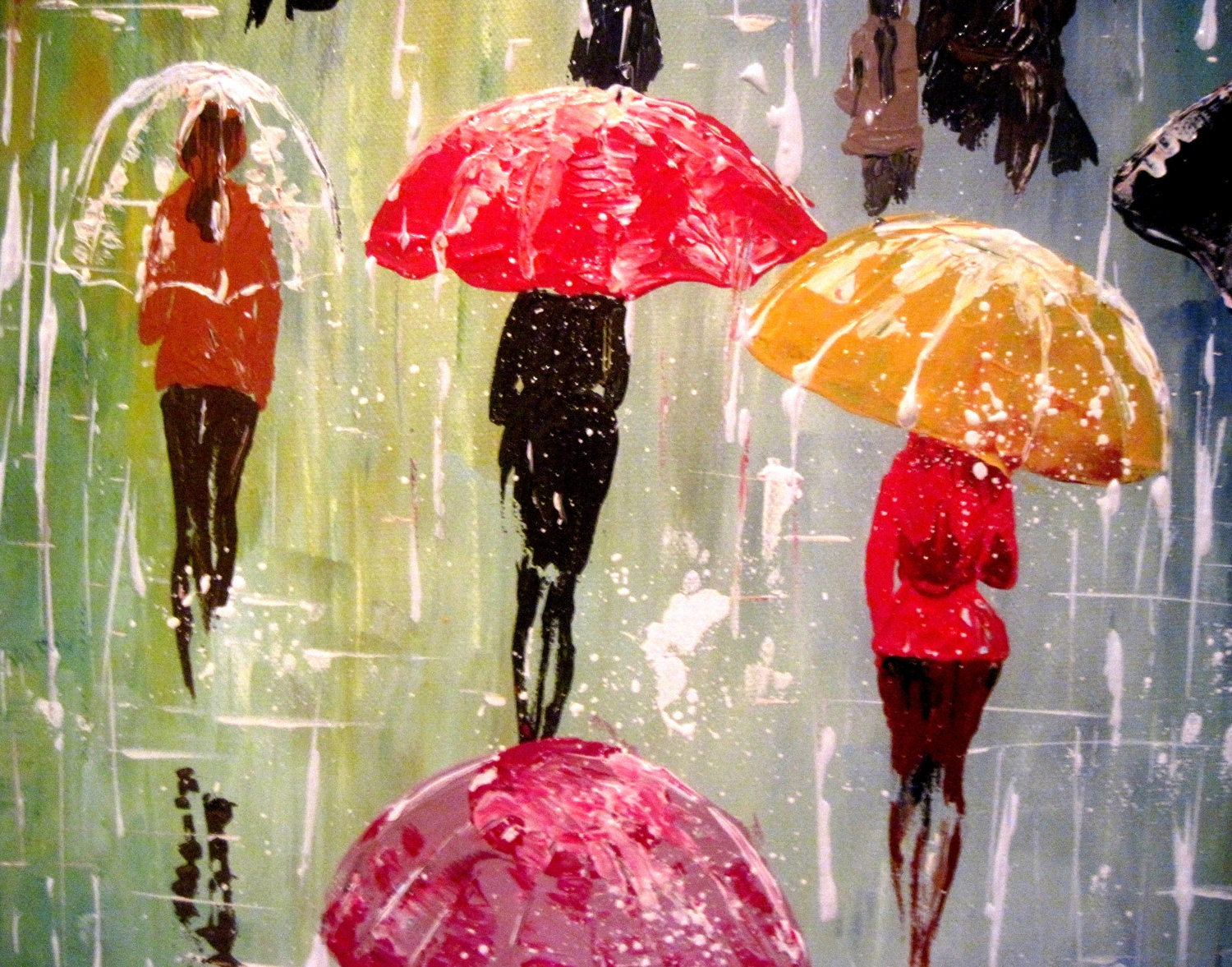 Original Painting Umbrellas 32 x 12 Acrylic Rain