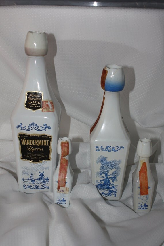 Dutch Vandermint Liqueur Milk Glass Decanters with Windmills Imported