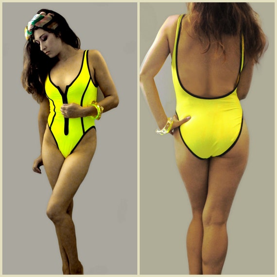 Vintage 90s 80s Body Glove NEON yellow sexy zip front one