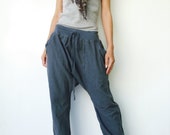NO.68     Greyish Blue Cotton Drop Crotch Pants Slant Pockets Trendy Trousers