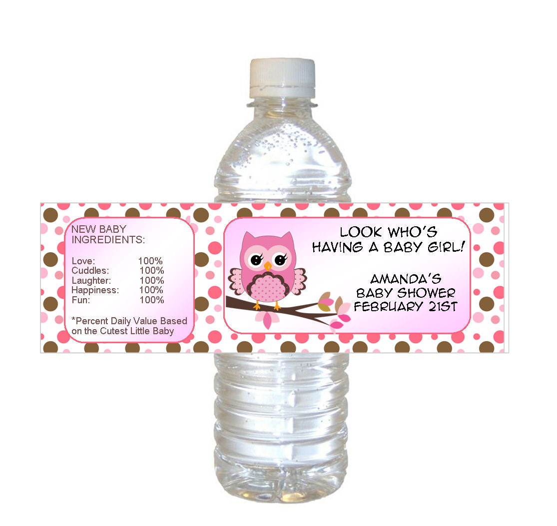 Personalized Pink OWL baby shower Waterproof Water Bottle