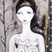 Woman Portrait Cats Original Painting Watercolor Ink Drawing Contemporary Art Bird Snow Decor Grey Black Gold Face Painting Woman Portrait