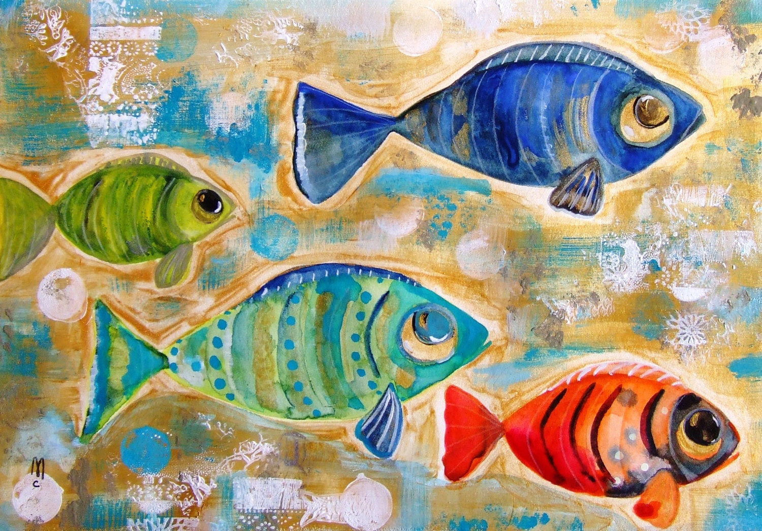 Fishes Original Painting Acrylic  Gouache Watercolor Ink