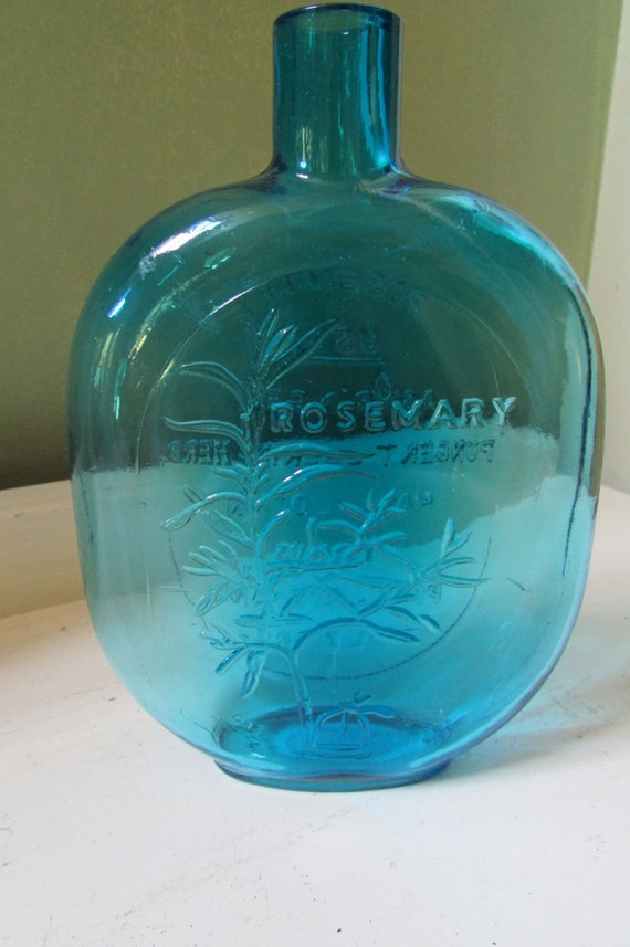 Large Blue Aqua Glass Bottle Embossed Rosemary & Uses Home