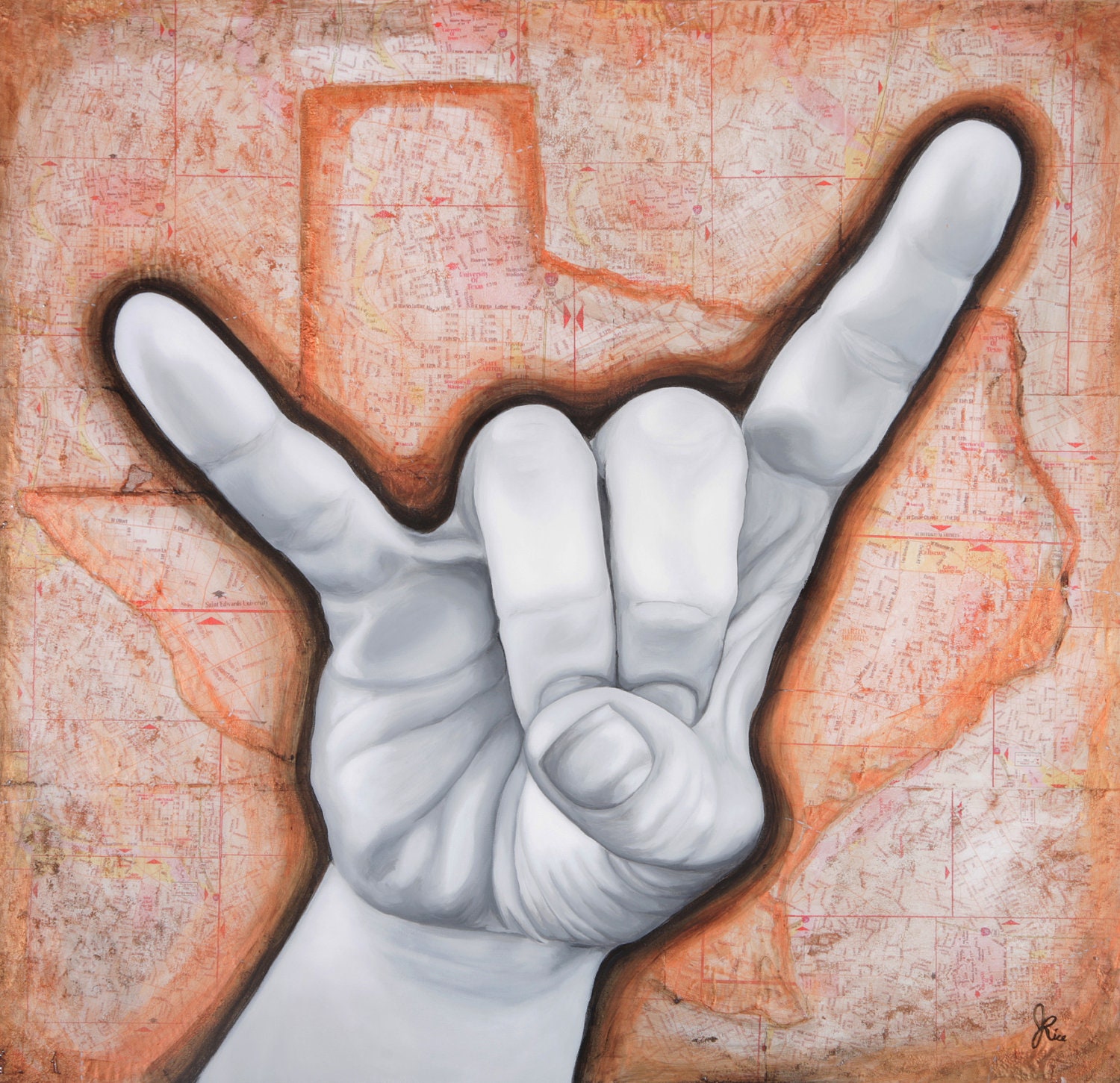 Texas Longhorn Hook em' 12 x 12 Art Print