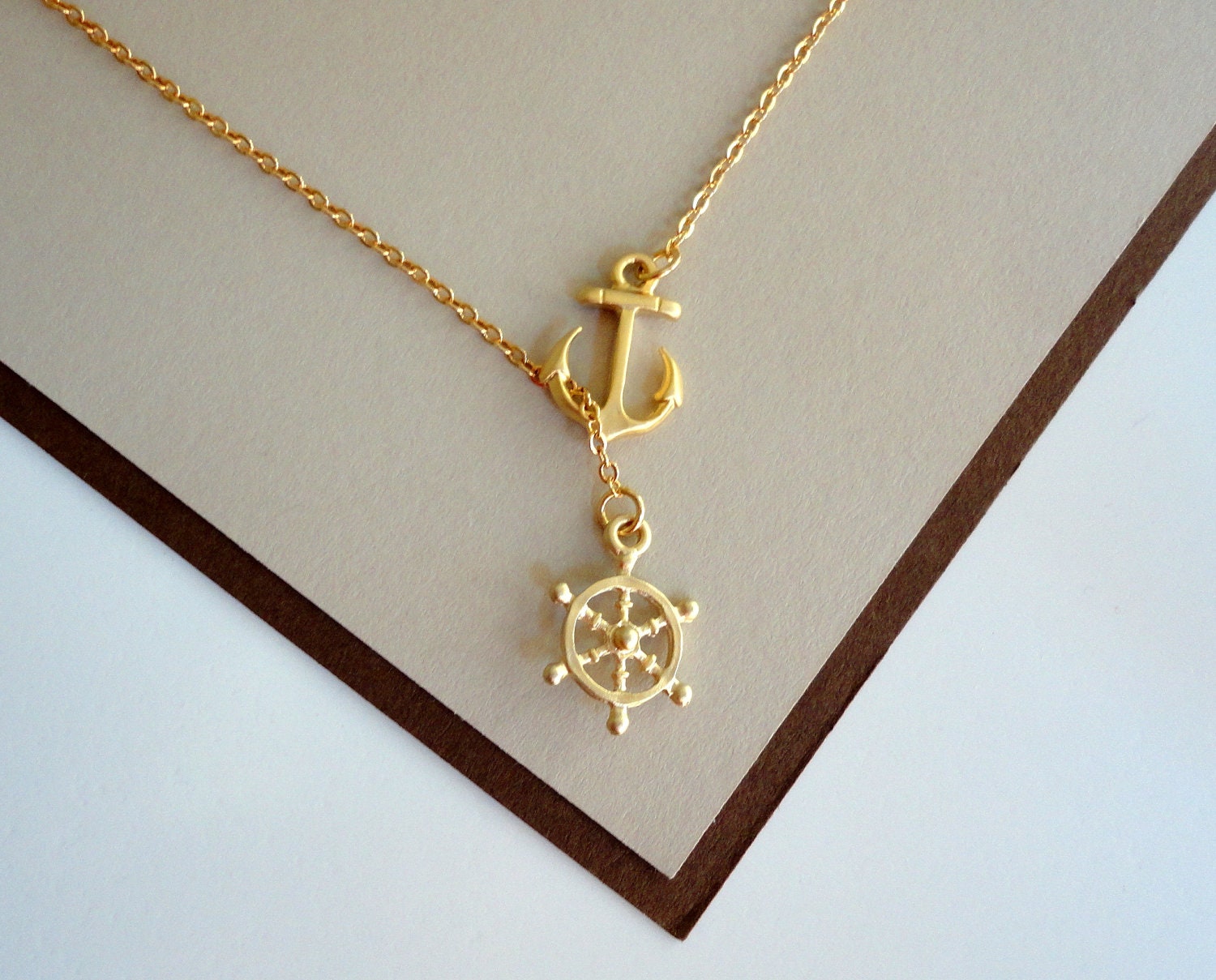 Gold Nautical Lariat Necklace with Anchor by ClassyJewelryByAlena