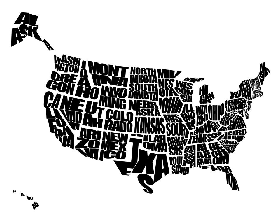 usa word map a black and white typographic map of the by