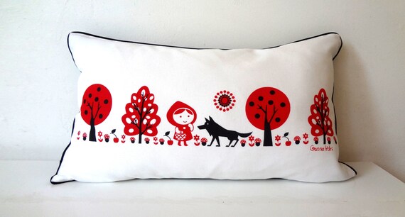 Scandinavian Red Riding Hood wolf Cushion Cover woods forest folk christmas gift story black