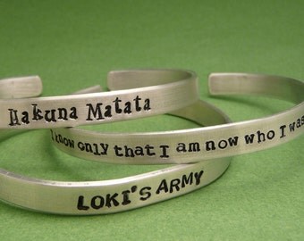 For larger wrists - your choice of a 7" or 8" Long Custom Hand Stamped on ONE SIDE 1/4 inch Aluminum Cuff Bracelet