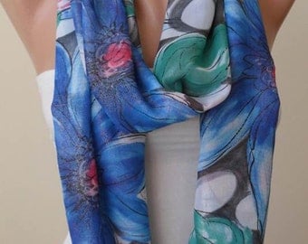 Infinity Scarf - Circle Scarf - Loop Scarf - Colorful -Blue and Pink Scarf with Flowers - Chiffon Fabric