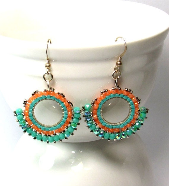 Silver beaded earrings Dangle Hoop mint and orange