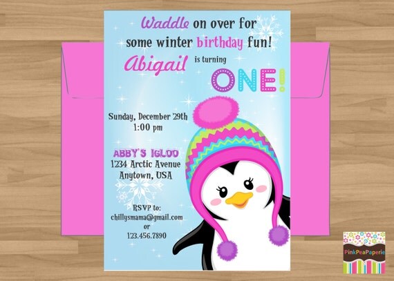 Custom Printable PENGUIN Birthday Invitation - Choice of Girly or Boy Penguin Il_570xn