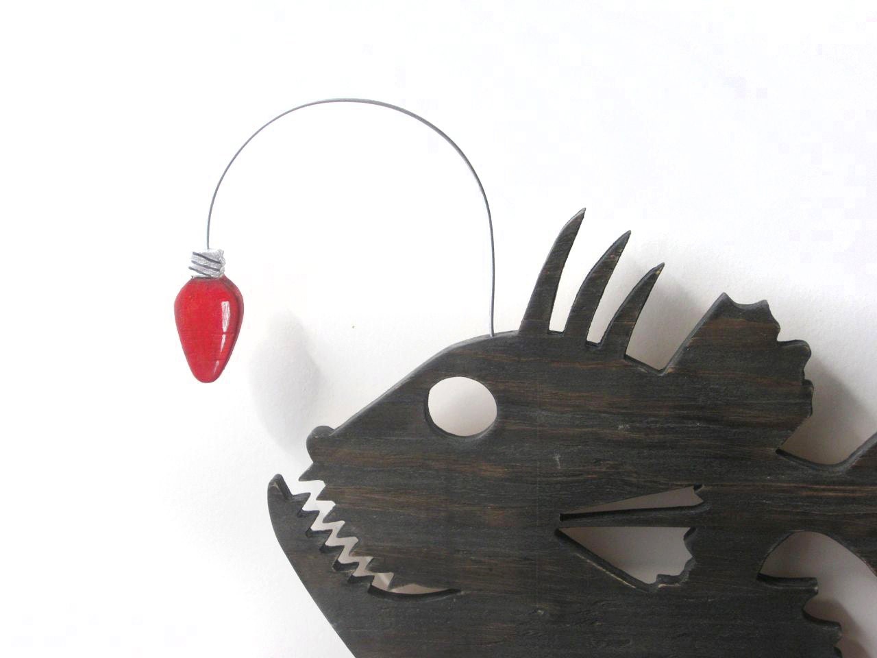 Angler Fish, Christmas decor, beach, wood sign, cottage chic, whimsical, wood, handmade, wall art, funny, christmas lights,