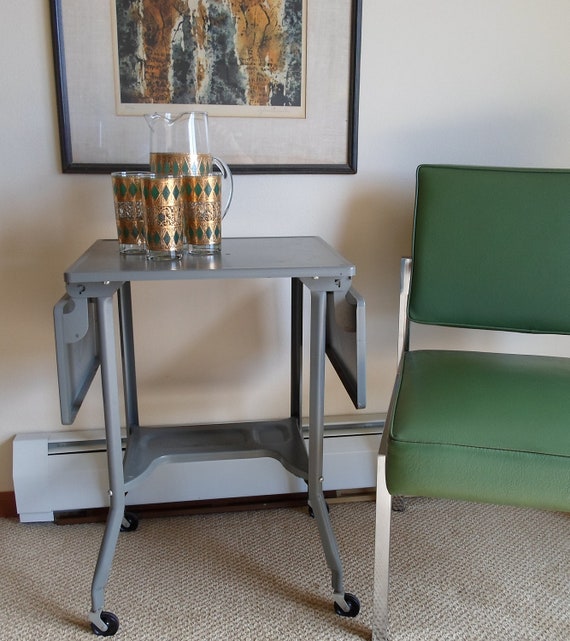 Vintage Metal Rolling Typewriter Stand Industrial Grey Mid