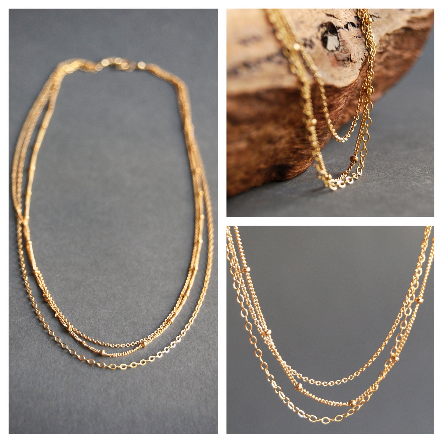Kaiemi necklace triple strand necklace gold necklace gold