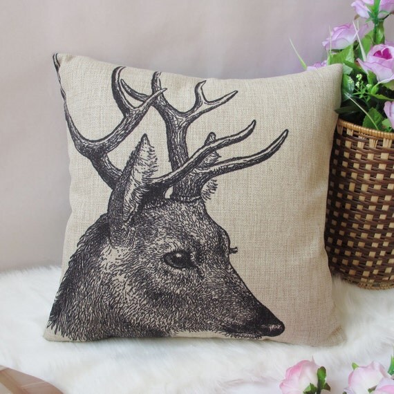 1 cotton linen simple Deer, sika deer animal printed throw pillow cover / decorative pillowcase / cushion cover 18"