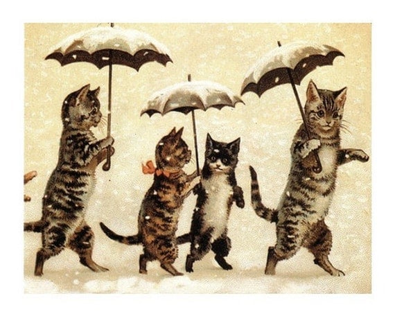 Parade of Cats in Snow  - Vintage Image
