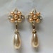 Bridal Earrings Gold Tone Pearl Tear Drop Cubic Zirconia Flower Motif Dangle Posts