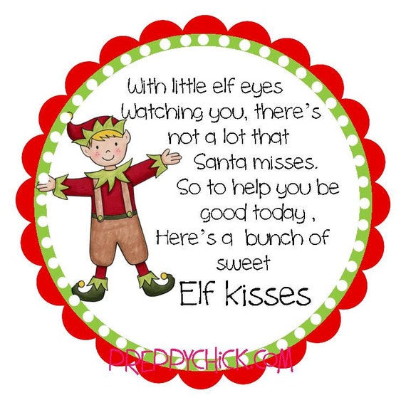 Elf Kisses Preppy Christmas Round Labels Stickers for