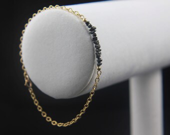 Rough Diamond Bracelet - 14K Gold Filled Ribbed Chain - Black Raw Diamonds - Bridesmaid Gift, Wedding