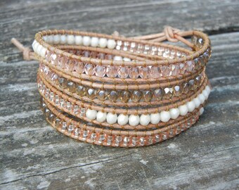 Beaded Leather Wrap Bracelet 4 Wrap with Peach Pink Champagne Czech Glass Beads on Natural Tan Leather