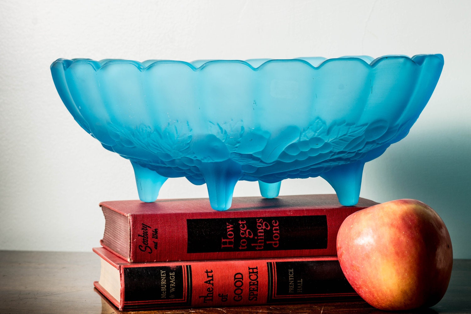 Pedestal Fruit Bowl Frosted Glass Blue MidCentury
