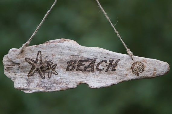 Driftwood "Beach" Sign with wood burned star fish and sea shell, anniversary gift, beach decor, Free shipping on this item