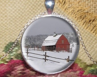 Snowy Barn Pendant/Necklace Jewelry, Red Barn Necklace Jewelry, Farm 
