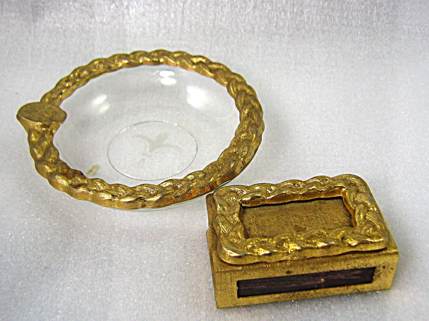 Vintage Gold Matchbox Holder And Matching Ashtray by Eklektibles