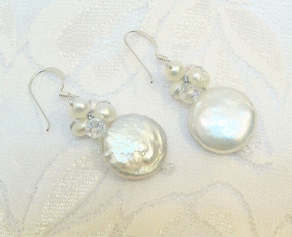 Freshwater Pearl Earrings White Flat Round Coin Shape