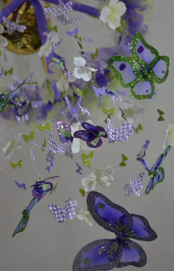 Butterfly Mobile Purple Green and White Crib mobile by Sastara