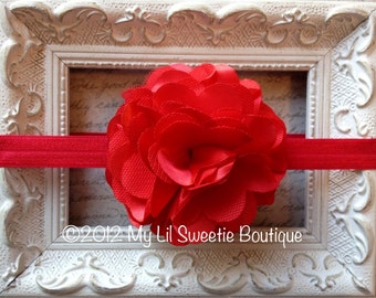 Red silk and tulle flower puff headband - baby girl headband - newborn headband- toddler - adult