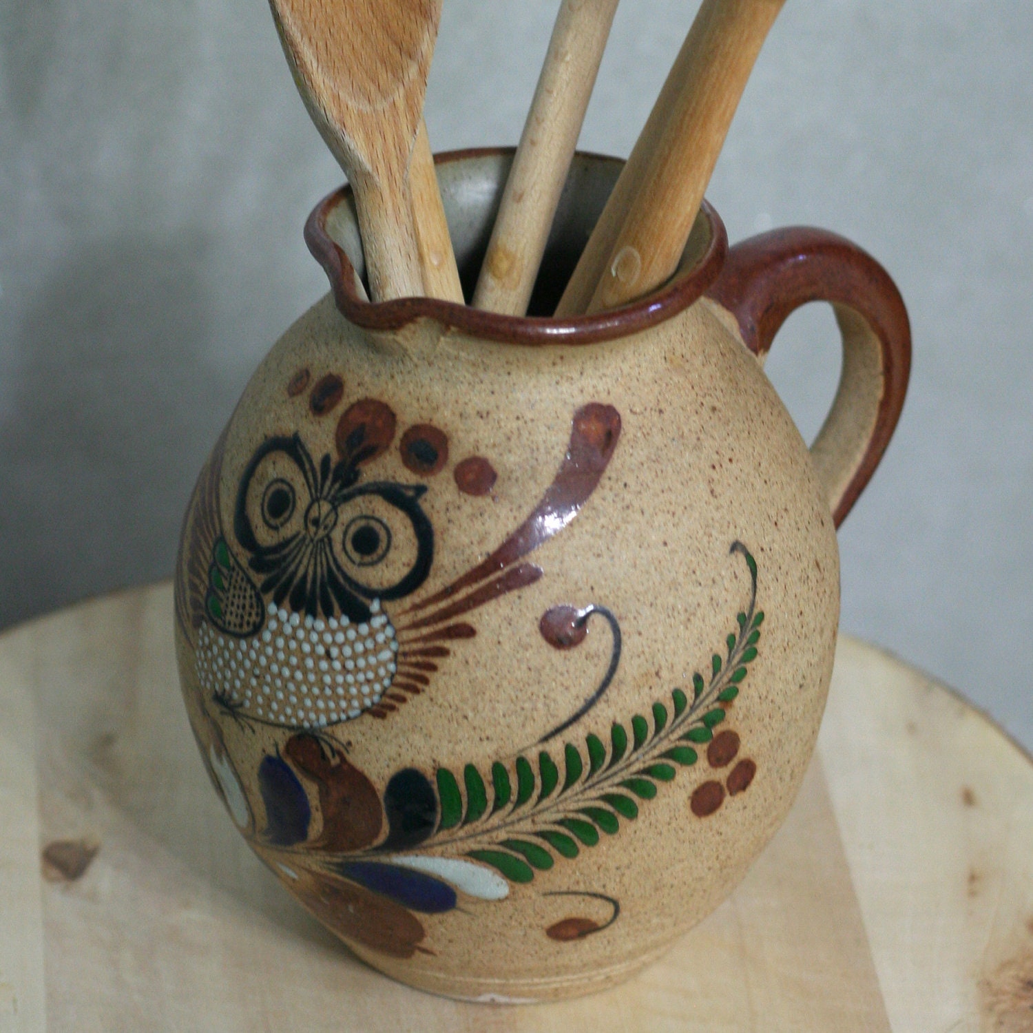 Vintage Mexican Sandstone Pottery Owl Pitcher