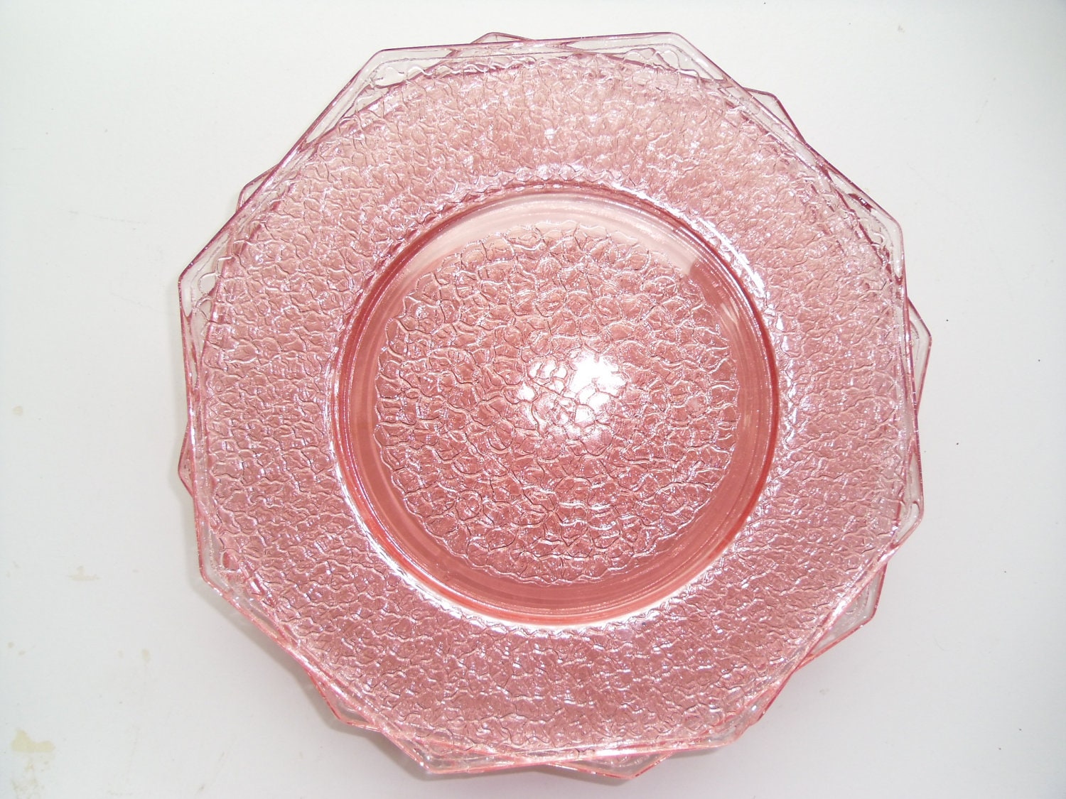 Vintage Pink Glass Plates With Crackle Design Set of 6