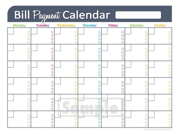 Bill Payments Calendar EDITABLE Personal by
