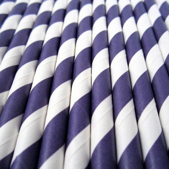 25 Purple and White Striped Paper Straws - Drinking Straws with Party Flags - Party Supplies Il_570xn