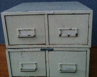 Vintage Industrial Steelmaster Index Card Files,Drawers,Cream Chipped Paint