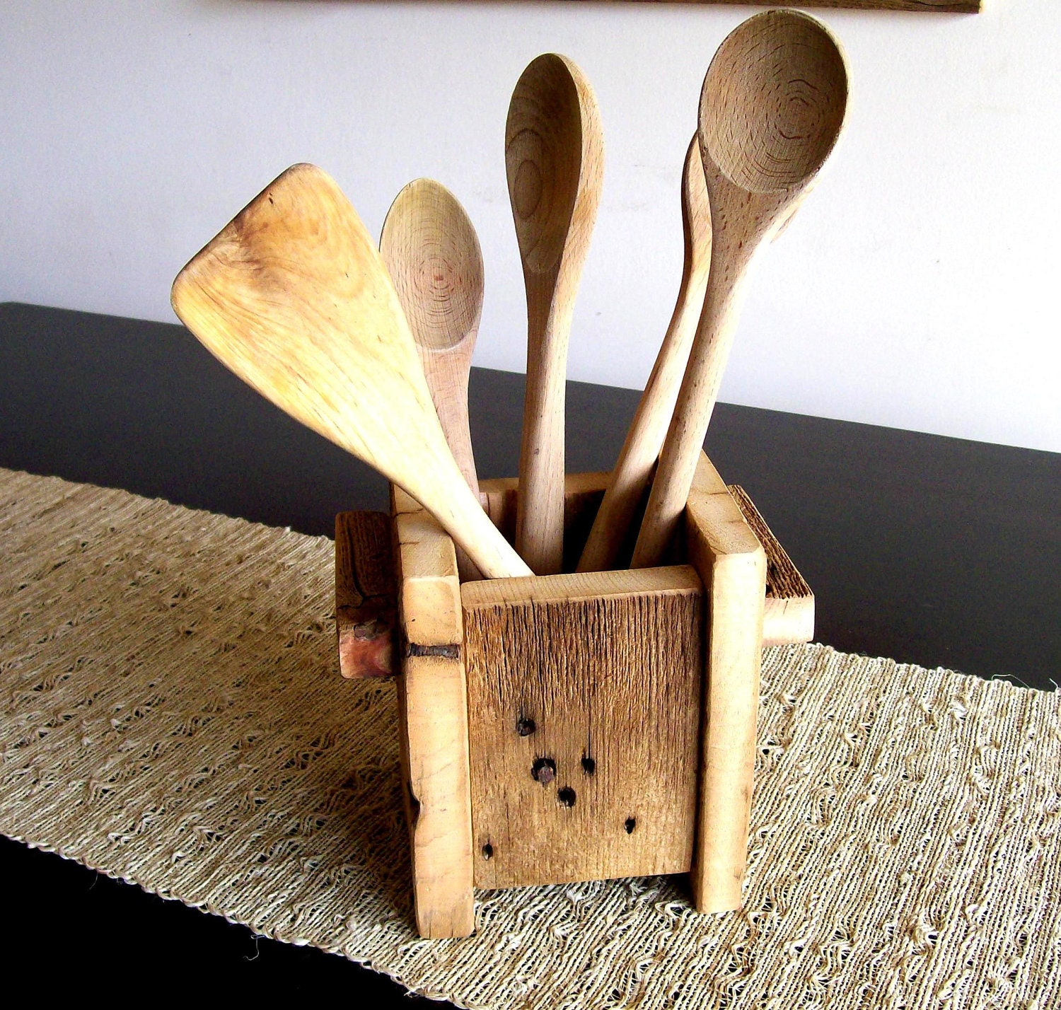 wooden utensil set with holder