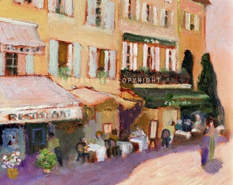 French canvas print 20x20 cafe scene, figures, paintings, France, yellow, green, lavender, village, shops, people, outdoor dining